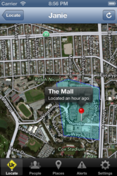 In this iPhone screenshot, a child ("Janie") can be seen at the mall, located approximately one hour ago.  By using WhatsUr20, a parent can track the location of their child at all times, and be alerted when the child leaves or arrives at a location.